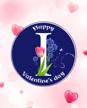 Valentine's Day graphic with hearts, flowers, and a stylized 'I'