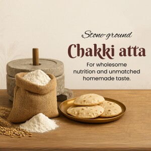 Image of Chakki Atta with traditional stone grinder and homemade cookies.
