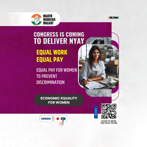 Image promoting the Congress party's 'Nyay' campaign focusing on equal pay for women and economic equality.
