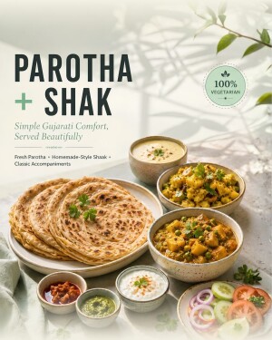 A beautifully plated Gujarati meal featuring layered parothas, bowls of vegetable shak, raita, chutney, and a fresh salad, with 100% vegetarian branding.