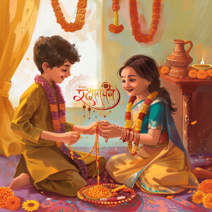 A brother and sister celebrating Raksha Bandhan with garlands and sweets.