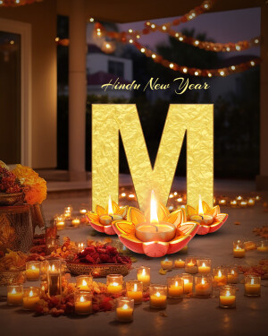 Hindu New Year greeting with golden 'M' and lit diyas
