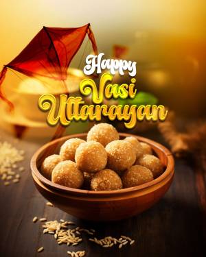 Image of a kite, sweets, and festive decorations for Uttarayan