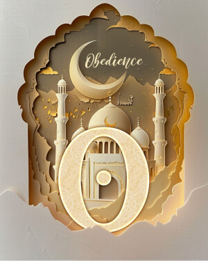 Paper cut art depicting a mosque, crescent moon, and the word 'Obedience' for Ramadan.