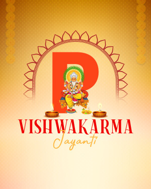 Vishwakarma Jayanti festive graphic with Lord Vishwakarma and the letter 'P'