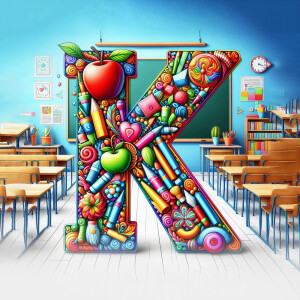 A vibrant illustration of the letter 'K' formed from school supplies in a classroom setting.