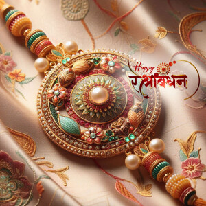 Close-up of an ornate gold Rakhi with pearls and intricate designs, with 'Happy Raksha Bandhan' text.