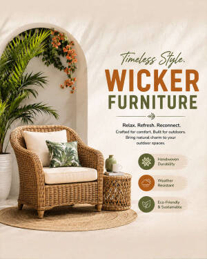 A comfortable wicker chair set with cushions and a matching side table in a bright, modern, plant-filled outdoor room.