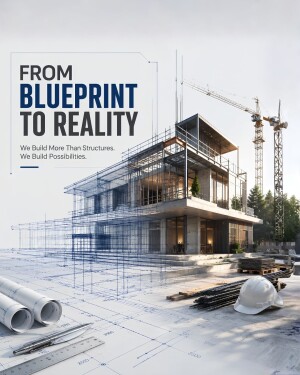 A architectural concept image showing a building merging from a blueprint design into a finished structure with construction tools in the foreground.