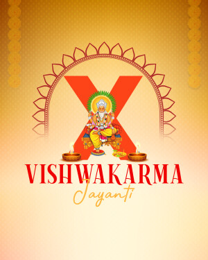 Vishwakarma Jayanti greeting with Lord Vishwakarma and decorative elements