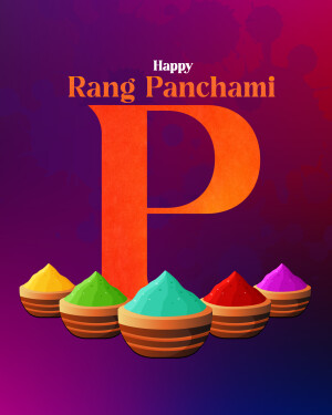 Rang Panchami celebration with colorful powder piles and a large letter 'P'