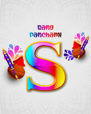 Colorful Rang Panchami graphic with letter S and traditional elements