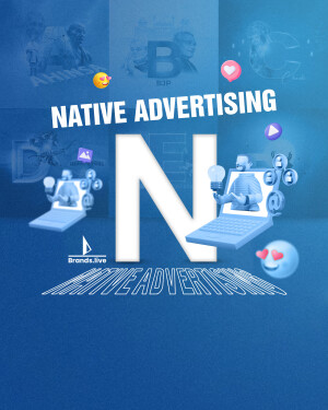 3D illustration of native advertising with laptops, social media icons, and the letter 'N'
