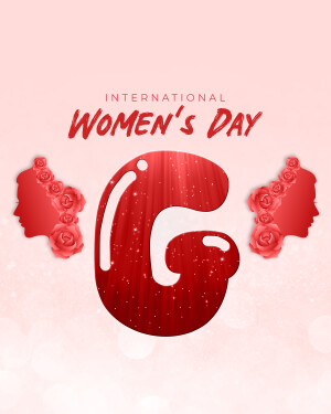 International Women's Day graphic with a red 'G' and floral silhouettes