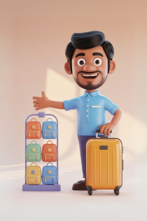 3D rendering of a smiling cartoon man with luggage and backpacks.
