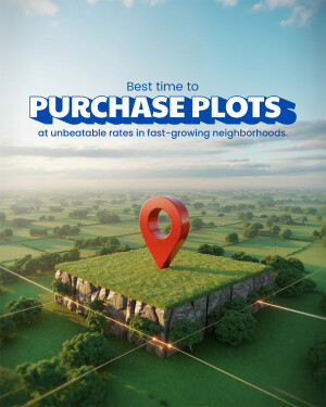 Image advertising land plots for sale with a red location pin on a green floating island.