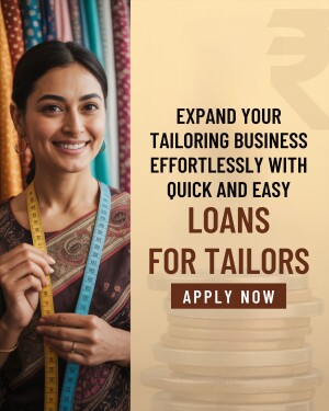 Woman tailor with measuring tape and stack of money, promoting loans for tailors.