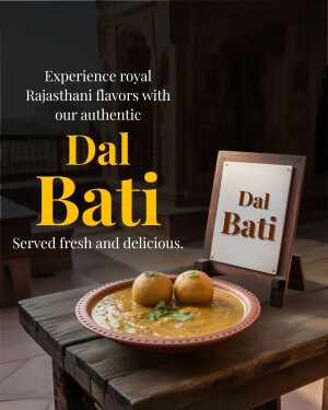 Close-up of Dal Baati served in a rustic setting with a Taj Mahal backdrop.