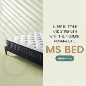 Modern minimalist bed with the text 'Sleep in Style and Strength with the Modern, Minimalistic MS Bed. Shop Now.'