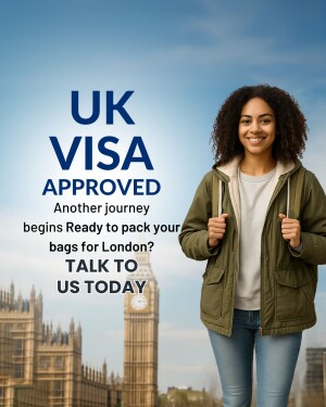 Young woman smiling with a backpack in front of Big Ben, with 'UK VISA APPROVED' text.