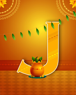 Letter J decorated with traditional Indian elements for Janmashtami