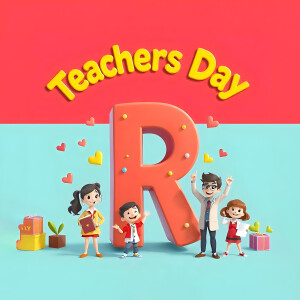 Illustration of a large letter 'R' with children and a teacher celebrating Teachers Day