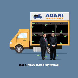Illustration of a yellow tempo truck with people and money, promoting Adani Tempo Service.