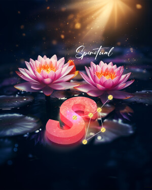 Pink lotus flowers with a glowing 'S' symbol and constellation on dark water