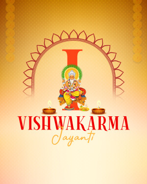 Vishwakarma Jayanti festive graphic with deity Vishwakarma and decorative elements.