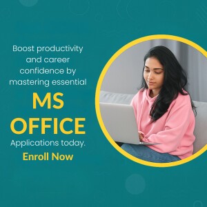 Woman using laptop with MS Office promotion
