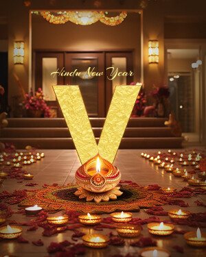 Hindu New Year greeting with a golden 'V' and lit diyas