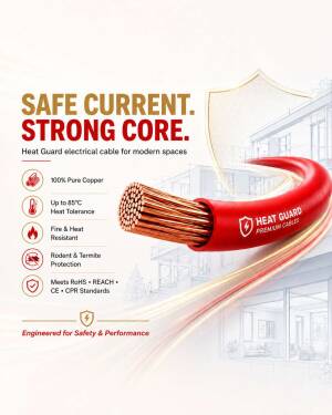 A high-quality red electrical cable showing its internal copper core with text describing safety features like heat resistance and pure copper material.