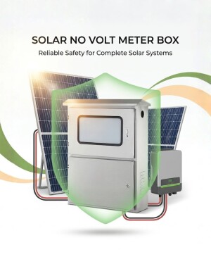 A metallic solar no volt meter box positioned in front of solar panels and an inverter, symbolizing safety and protection.
