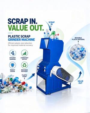 Blue industrial plastic scrap grinder machine processing plastic bottles into reusable material
