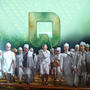 Painting depicting Mahatma Gandhi leading the Dandi March with followers.