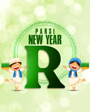 Illustration of children celebrating Parsi New Year with a large letter 'R'