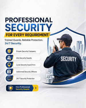 A professional security guard talking on a radio with a city skyline background in a digital advertisement.