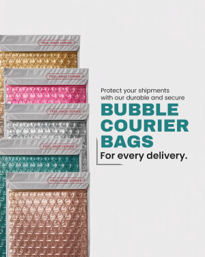 Stack of colorful bubble courier bags with text promoting secure shipping.