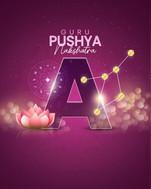 Graphic design featuring the letter 'A' with astrological symbols and a lotus flower, promoting Guru Pushya Nakshatra.