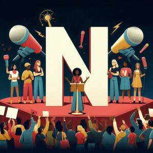 Illustration of diverse women speaking at a rally with a large letter 'N' in the background.