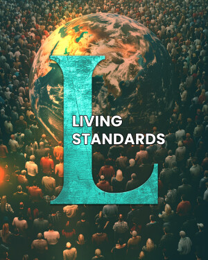Image depicting the Earth held by a crowd of people with the text 'Living Standards'