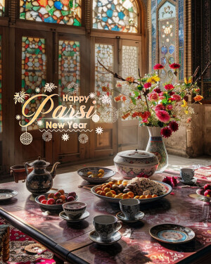 A beautifully decorated Haft-Seen table for Nowruz with traditional Persian elements.