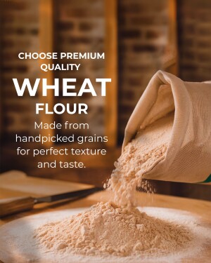 Close-up of wheat flour pouring from a cloth bag onto a wooden surface.