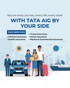 Tata AIG Insurance advertisement featuring various insurance services and a diverse group of people.