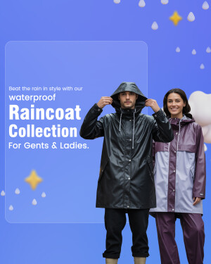 A promotional image featuring a man and woman wearing raincoats from a new collection.