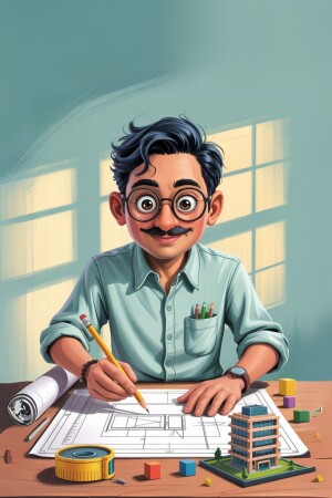 Illustration of a young architect working on blueprints