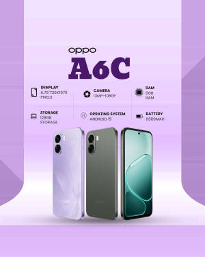 Oppo A6C smartphone showcasing its design, camera, and technical specifications against a light purple background