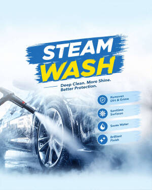A high-pressure steam washer cleaning a car wheel with steam mist and text overlay showcasing car wash benefits.