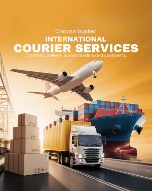 Image depicting international courier services with a plane, ship, truck, and cargo containers.
