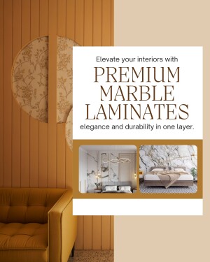 Advertisement for premium marble laminates showcasing elegance and durability.